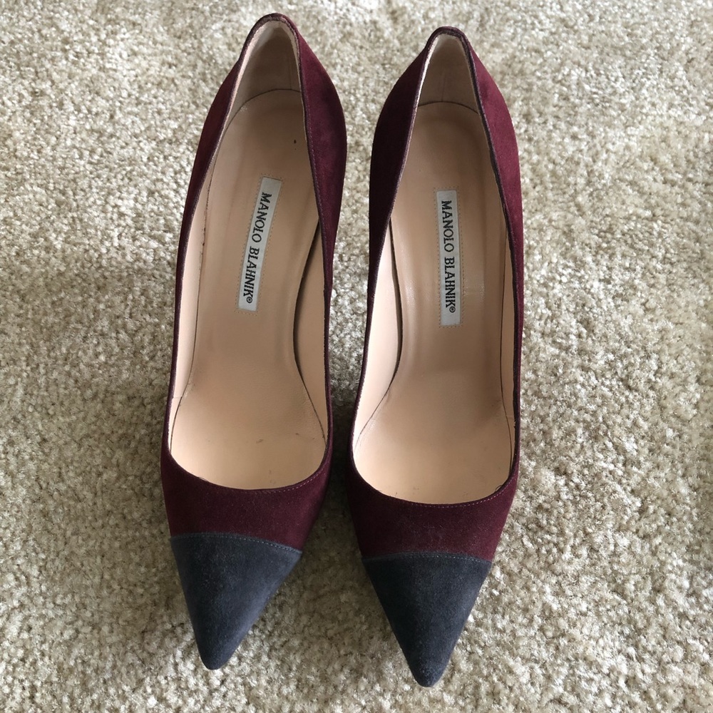 Manolo Blahnik Bipunta Suede Bordeaux 105 sz 38.5